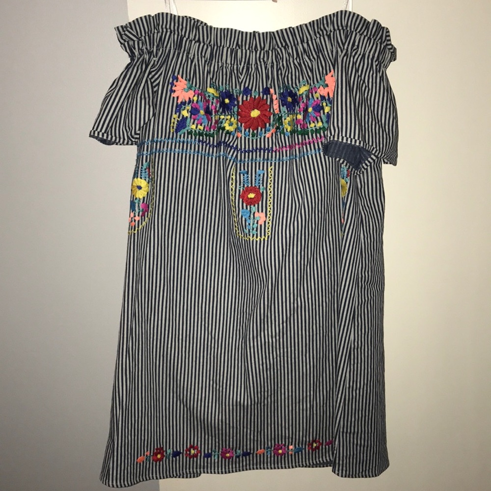 Embroidered striped off the shoulder dress
